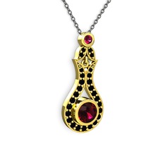 Lale Kolye - Rodolit garnet ve siyah zirkon 14 ayar altın kolye (40 cm gümüş rolo zincir) #1mof2o2