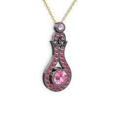 Pembe kuvars ve kök yakut 925 ayar siyah rodyum kaplama gümüş kolye (40 cm gümüş rolo zincir)