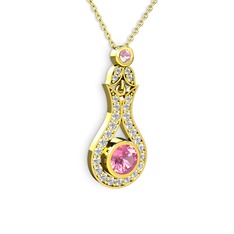 Pembe kuvars ve swarovski 18 ayar altın kolye (40 cm altın rolo zincir)