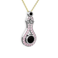 Siyah zirkon ve pembe kuvars 14 ayar beyaz altın kolye (40 cm altın rolo zincir)