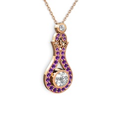 Swarovski ve ametist 14 ayar rose altın kolye (40 cm rose altın rolo zincir)