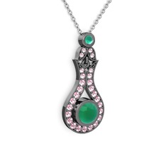 Lale Kolye - Kök zümrüt ve pembe kuvars 925 ayar siyah rodyum kaplama gümüş kolye (40 cm beyaz altın rolo zincir) #1rwk75e