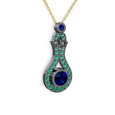 Lab safir ve yeşil kuvars 925 ayar siyah rodyum kaplama gümüş kolye (40 cm altın rolo zincir)