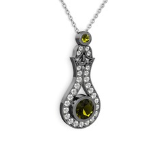 Peridot ve beyaz zirkon 925 ayar siyah rodyum kaplama gümüş kolye (40 cm gümüş rolo zincir)