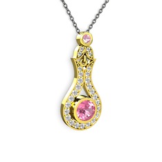 Pembe kuvars ve beyaz zirkon 18 ayar altın kolye (40 cm gümüş rolo zincir)