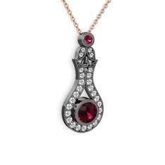 Lale Kolye - Rodolit garnet ve beyaz zirkon 925 ayar siyah rodyum kaplama gümüş kolye (40 cm rose altın rolo zincir) #1u8y8h7