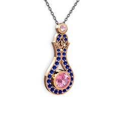 Pembe kuvars ve lab safir 8 ayar rose altın kolye (40 cm gümüş rolo zincir)