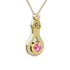 Pembe kuvars ve swarovski 14 ayar altın kolye (40 cm rose altın rolo zincir)