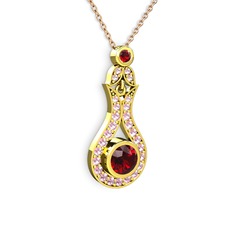 Garnet ve pembe kuvars 925 ayar altın kaplama gümüş kolye (40 cm gümüş rolo zincir)