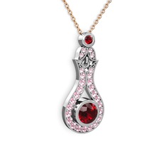 Lale Kolye - Garnet ve pembe kuvars 8 ayar beyaz altın kolye (40 cm rose altın rolo zincir) #1ymrmwz
