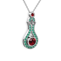 Garnet ve yeşil kuvars 925 ayar gümüş kolye (40 cm beyaz altın rolo zincir)