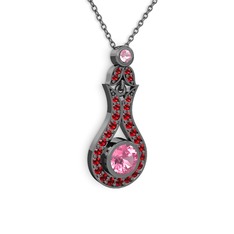 Lale Kolye - Pembe kuvars ve garnet 925 ayar siyah rodyum kaplama gümüş kolye (40 cm gümüş rolo zincir) #1yssovr