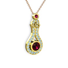 Rodolit garnet ve akuamarin 18 ayar altın kolye (40 cm rose altın rolo zincir)