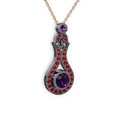 Ametist ve garnet 925 ayar siyah rodyum kaplama gümüş kolye (40 cm gümüş rolo zincir)
