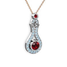 Garnet ve akuamarin 8 ayar beyaz altın kolye (40 cm rose altın rolo zincir)