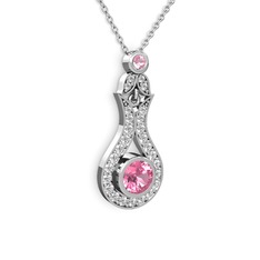 Pembe kuvars ve beyaz zirkon 14 ayar beyaz altın kolye (40 cm gümüş rolo zincir)