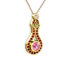 Pembe kuvars ve garnet 925 ayar altın kaplama gümüş kolye (40 cm rose altın rolo zincir)