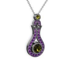 Peridot ve ametist 925 ayar siyah rodyum kaplama gümüş kolye (40 cm gümüş rolo zincir)