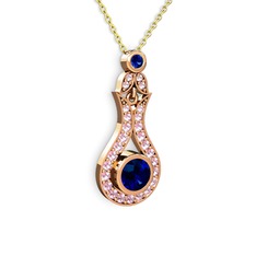 Lab safir ve pembe kuvars 18 ayar rose altın kolye (40 cm gümüş rolo zincir)