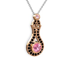 Pembe kuvars ve siyah zirkon 925 ayar rose altın kaplama gümüş kolye (40 cm beyaz altın rolo zincir)