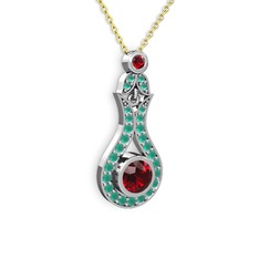 Garnet ve kök zümrüt 8 ayar beyaz altın kolye (40 cm altın rolo zincir)