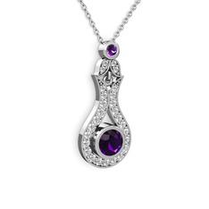 Lale Kolye - Ametist ve swarovski 8 ayar beyaz altın kolye (40 cm beyaz altın rolo zincir) #8kukit