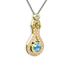 Akuamarin ve pembe kuvars 14 ayar altın kolye (40 cm gümüş rolo zincir)