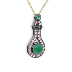 Kök zümrüt ve pembe kuvars 925 ayar siyah rodyum kaplama gümüş kolye (40 cm gümüş rolo zincir)