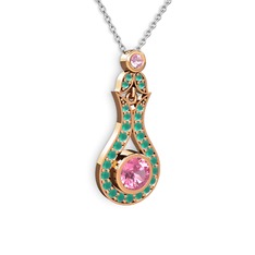 Pembe kuvars ve kök zümrüt 14 ayar rose altın kolye (40 cm gümüş rolo zincir)