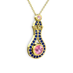 Pembe kuvars ve lab safir 8 ayar altın kolye (40 cm altın rolo zincir)
