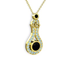 Lale Kolye - Siyah zirkon ve akuamarin 18 ayar altın kolye (40 cm altın rolo zincir) #epa62k