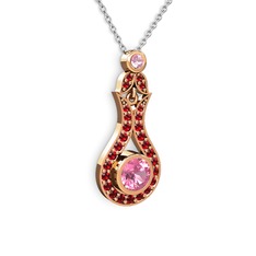 Pembe kuvars ve garnet 14 ayar rose altın kolye (40 cm beyaz altın rolo zincir)