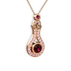Rodolit garnet ve pembe kuvars 8 ayar rose altın kolye (40 cm rose altın rolo zincir)