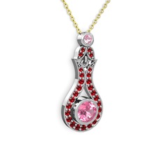 Pembe kuvars ve garnet 18 ayar beyaz altın kolye (40 cm altın rolo zincir)