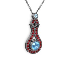 Lale Kolye - Akuamarin ve garnet 925 ayar siyah rodyum kaplama gümüş kolye (40 cm gümüş rolo zincir) #j5qefd