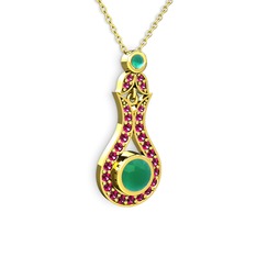 Kök zümrüt ve rodolit garnet 14 ayar altın kolye (40 cm gümüş rolo zincir)