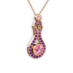 Lale Kolye - Pembe kuvars ve ametist 8 ayar rose altın kolye (40 cm rose altın rolo zincir) #l80b1a