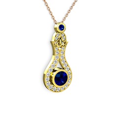 Lab safir ve swarovski 14 ayar altın kolye (40 cm gümüş rolo zincir)