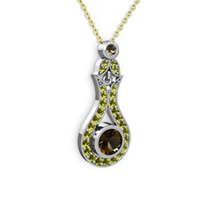 Dumanlı kuvars ve peridot 14 ayar beyaz altın kolye (40 cm altın rolo zincir)