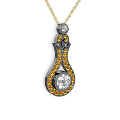 Swarovski ve sitrin 925 ayar siyah rodyum kaplama gümüş kolye (40 cm altın rolo zincir)