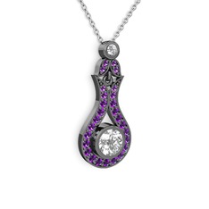 Lale Kolye - Swarovski ve ametist 925 ayar siyah rodyum kaplama gümüş kolye (40 cm gümüş rolo zincir) #m6pqyg
