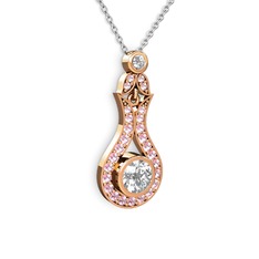 Swarovski ve pembe kuvars 8 ayar rose altın kolye (40 cm gümüş rolo zincir)