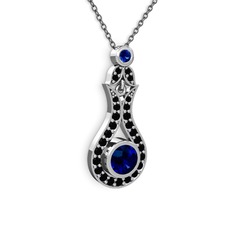 Lab safir ve siyah zirkon 8 ayar beyaz altın kolye (40 cm gümüş rolo zincir)