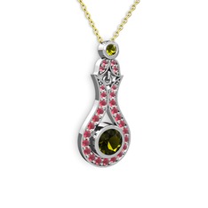 Peridot ve kök yakut 14 ayar beyaz altın kolye (40 cm altın rolo zincir)