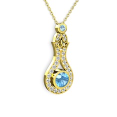 Akuamarin ve swarovski 8 ayar altın kolye (40 cm gümüş rolo zincir)