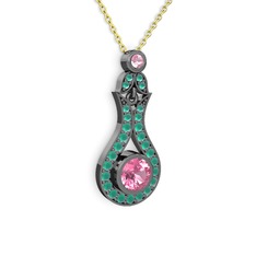 Pembe kuvars ve kök zümrüt 925 ayar siyah rodyum kaplama gümüş kolye (40 cm altın rolo zincir)