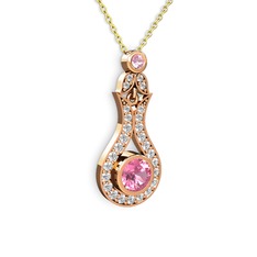 Pembe kuvars ve beyaz zirkon 8 ayar rose altın kolye (40 cm altın rolo zincir)
