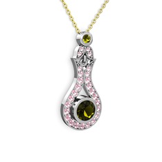Peridot ve pembe kuvars 14 ayar beyaz altın kolye (40 cm altın rolo zincir)