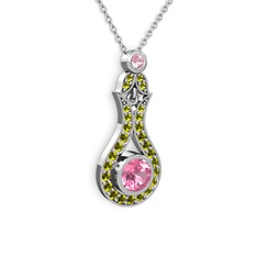 Lale Kolye - Pembe kuvars ve peridot 14 ayar beyaz altın kolye (40 cm beyaz altın rolo zincir) #qmpaks