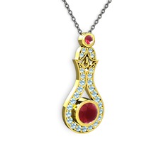 Kök yakut ve akuamarin 925 ayar altın kaplama gümüş kolye (40 cm gümüş rolo zincir)